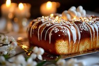 Chocolate glazed pound cake decorated with white drizzle and sea salt crystals, served on dark background with glowing candles and spring blossoms.