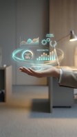 Businessman hand displaying holographic data analytics dashboard with charts, graphs and performance metrics in modern office environment.
