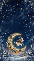 Reindeer leaping through crescent moon adorned with golden garland against starry night sky, surrounded by snowy forest landscape and festive foliage border. Holiday greeting card and seasonal decoration use.