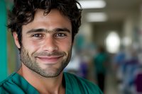 Smiling young male doctor or surgeon with curly hair wearing green scrubs in hospital corridor background for healthcare and medical profession concepts.