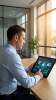 Caucasian businessman in blue shirt using tablet with cybersecurity dashboard showing lock icon and analytics in modern office.