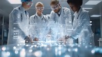 Medical professionals analyzing digital holographic data in modern hospital laboratory, examining virtual interface with innovative healthcare technology.