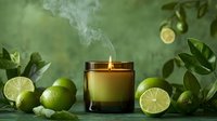Aromatic candle with fresh limes and green leaves on dark background. Smoke rising from extinguished wick creates moody spa atmosphere for wellness design.
