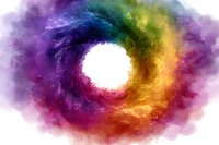 Vibrant cosmic spiral with glowing center in rainbow colors against dark space background, featuring purple, yellow and orange nebula clouds with sparkling stars.