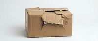 Damaged cardboard box with torn and crushed kraft paper, showing wear and deterioration. Suitable for shipping, logistics, and packaging concepts.