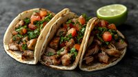 Mexican street tacos with grilled chicken, fresh cilantro, diced tomatoes, and lime on corn tortillas against dark background, traditional authentic cuisine.