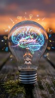 Glowing brain inside light bulb with innovation icons floating around against sunset sky background representing creative thinking and bright ideas.