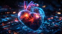 Digital heart glowing with neon blue and red light effects on circuit board background, representing artificial intelligence and medical technology advancement.