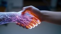 Human hand shaking with digital AI robotic hand in futuristic technology partnership concept showing collaboration between artificial intelligence and humanity.