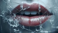 Sensual red lips behind shattered glass creating dramatic contrast and mysterious atmosphere, artistic fashion photography with broken mirror effect.
