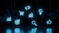 Glowing neon business icons floating in dark digital space with blue light reflections on floor for marketing and technology concepts.