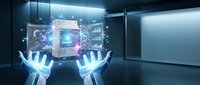 Holographic hands interact with digital interface displaying data analytics and network connections in modern tech environment for business innovation.
