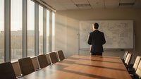 Business executive presenting strategy on whiteboard in modern conference room with city view during golden hour meeting.