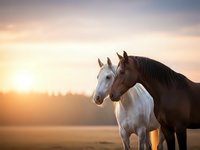 Two horses standing together at golden hour sunset with warm lighting and peaceful countryside atmosphere for equestrian and nature themes.