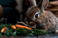 Adorable brown bunny wearing bow tie near fresh carrots and green herbs, close-up portrait with soft natural lighting and shallow depth of field.