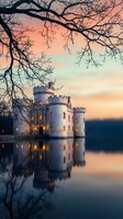 Medieval castle reflected in calm lake water at sunset with bare tree branches framing romantic twilight scene for travel and historical architecture concepts.
