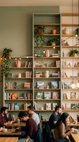 Modern bookstore cafe interior with customers reading at wooden tables surrounded by floor-to-ceiling bookshelves filled with books and plants.