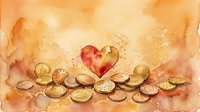 Watercolor heart surrounded by gold coins on warm orange background, symbolizing love of money, wealth, charity, and financial generosity.
