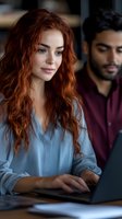 Young Caucasian woman with curly red hair working on laptop in modern office with Middle Eastern male colleague in background for business teamwork concepts.