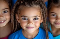 Close up portrait of smiling young girl with braided hair and bright blue eyes wearing blue t-shirt, expressing joy and happiness against blurred background.