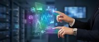 Businessman hands interacting with holographic financial data charts and graphs in modern server room for business analytics and technology solutions.