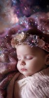 Sleeping infant girl with flower crown surrounded by magical glowing particles and cosmic nebula background, fantasy dreamscape artwork for children's book illustration and nursery decor.