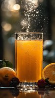 Fresh orange juice splashing in tall glass with water drops and bubbles, surrounded by citrus fruits and berries. Dark moody background with bokeh effect.