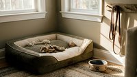 Cozy dog bed setup in sunny corner with pet bowls and leash hanging nearby creating warm home interior for canine comfort and care.