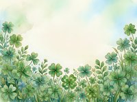 Watercolor green clover field border with soft pastel sky, copy space for text, St. Patricks Day greeting card or spring nature background.