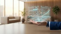 Businessman hand presenting holographic financial charts and graphs in modern office space for data analysis and business growth planning.