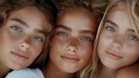 Three young Caucasian women with blonde hair and blue eyes lying close together, showcasing natural beauty and friendship bonds in soft lighting.