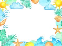 Watercolor summer frame with tropical leaves, seashells, starfish, waves and sun on white background. Isolated border for vacation designs and greeting cards.