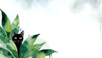 Cute black cat peeking through lush green tropical leaves on white background, playful kitten hiding in foliage for pet and nature designs.