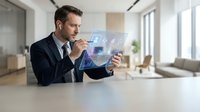 Professional businessman in suit interacting with futuristic holographic interface technology in modern office environment for business presentations.