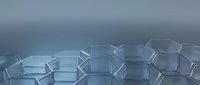Abstract hexagonal glass structure with transparent geometric pattern on gradient blue background for modern technology and science concepts.