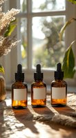 Amber glass dropper bottles with blank labels in sunlight near window, dried pampas grass creating cozy atmosphere. Natural wellness and aromatherapy concept.