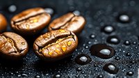 Roasted coffee beans with water drops on dark background, macro photography showing rich texture and golden reflections in morning light. Fresh arabica beans.