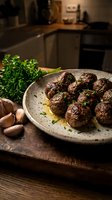 Homemade beef meatballs with herbs on rustic ceramic plate in cozy kitchen setting for cooking and dining content.