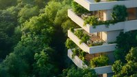 Modern sustainable apartment building with lush green terraces and balcony gardens overlooking dense forest canopy in golden sunlight.