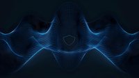 Abstract digital wave pattern with shield icon in dark blue tones, flowing lines creating dynamic cybersecurity visualization on black background.