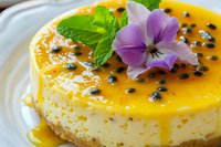 Creamy passion fruit cheesecake topped with bright yellow curd, fresh mint leaves, purple edible flower and black seeds on white plate, macro food photography.