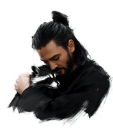 Young Asian man with long dark hair in black clothing tenderly embracing raccoon pet, artistic portrait painting style showing emotional bond between human and animal.