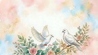 Pair of white doves perched among blooming roses and green foliage in soft watercolor style, symbolizing peace, love and harmony for wedding invitations and romantic designs.