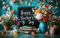 Festive arrangement with colorful flowers in turquoise vase, stacked books, and chalkboard with Teacher's Day message against blurred teal background.