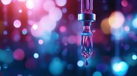 Liquid medicine drop falling from glass dropper on blurred bokeh background in pink and blue colors, macro photography for pharmaceutical concept.