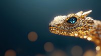 Golden dragon head with bright blue eye against dark background with bokeh lights, detailed fantasy creature scales and textures for creative design projects.