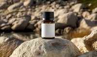 Brown glass bottle with blank white label on natural stone background in sunlight, mockup for essential oils, supplements or medicine packaging design.
