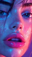Close up portrait with neon pink and blue lighting effects showing glossy lips, bright eyes and glitter makeup details, suitable for beauty and fashion advertising.