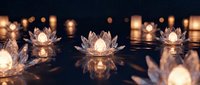 Floating crystal lotus flowers with glowing candles create serene spa atmosphere on dark water surface with warm bokeh lights for meditation and wellness.