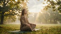 Young Asian woman meditating peacefully in park during golden hour sunrise, sitting cross-legged on yoga mat surrounded by trees for wellness and mindfulness.